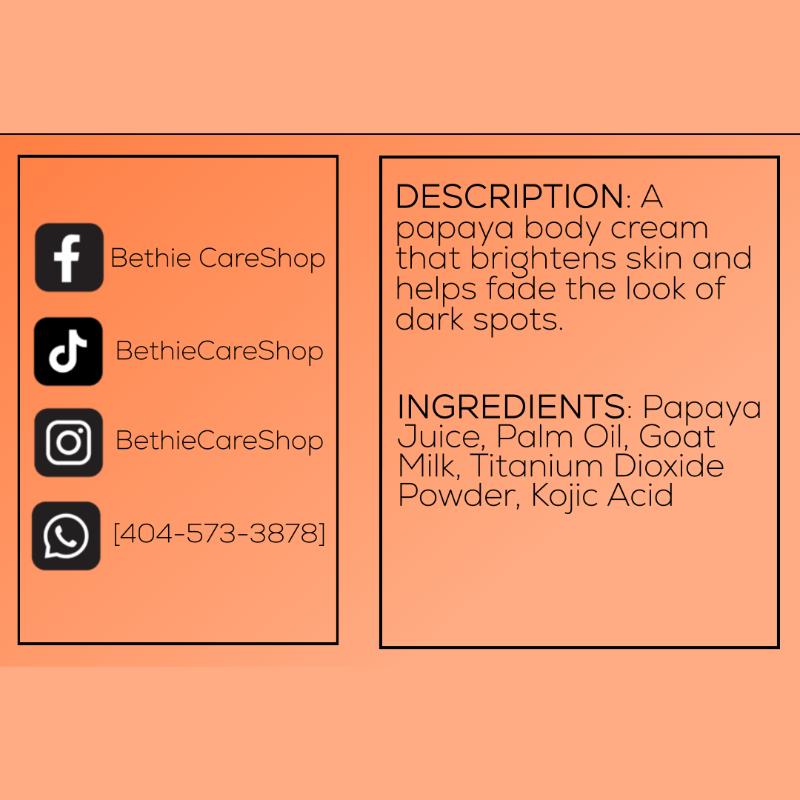 Papaya Brightening Body Cream | Spot & Uneven Tone Care | Hydrating Glow Moisturizer | Soft & Smooth Skin Cream